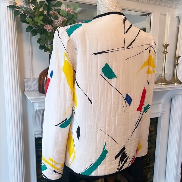 VINTAGE LEVINO VERNA 100% Silk White & Multi Color Abstract Print‎ Jacket Size 4 - Picture 10 of 16